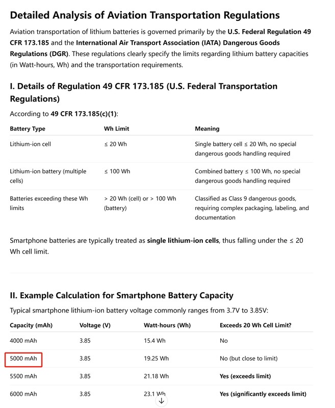 De acordo com o Regulamento de Transporte Aéreo dos EUA, 49 CFR 173.185, todas as baterias de lítio com capacidade superior a 20 Wh por célula de bateria devem ser classificadas como mercadorias perigosas.