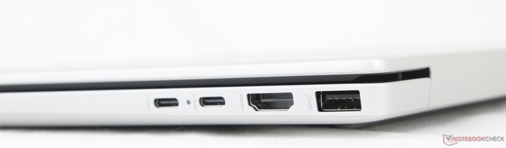 Direita: 2x USB-C com DisplayPort + Power Delivery (10 Gbps), HDMI 2.1, USB-A (10 Gbps)