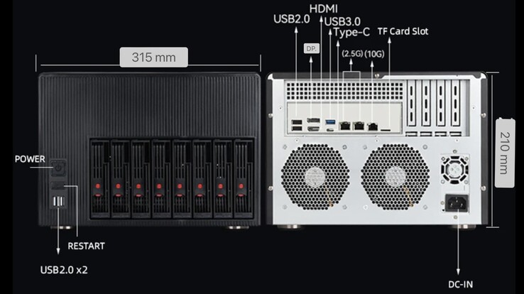 A E/S traseira e frontal do PC NAS XYC X108. (Fonte da imagem: AndroidPC.es)