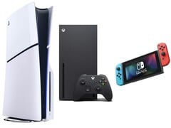 Da esquerda para a direita: PS5 Slim, Xbox Series X, Nintendo Switch. (Fonte da imagem: Amazon, editado)