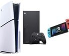 Da esquerda para a direita: PS5 Slim, Xbox Series X, Nintendo Switch. (Fonte da imagem: Amazon, editado)