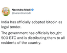 Hackers tweetam que a Índia aceitou Bitcoin como moeda oficial da conta da PM Modi