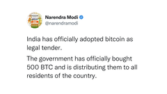 A Índia adota Bitcoin como moeda legal, leia a conta hackeada (imagem: Narendra Modi/Twitter)