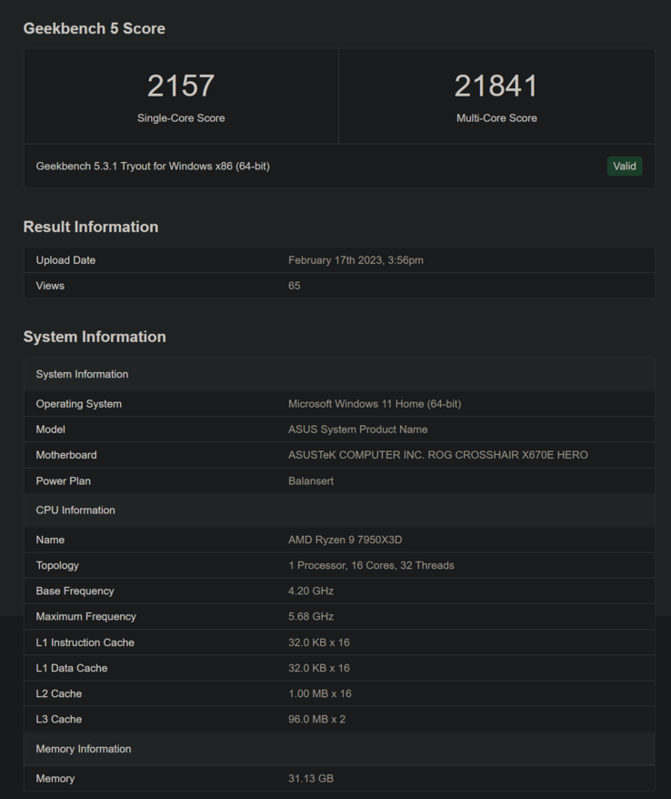 AMD Ryzen 9 7950X3D em Geekbench (imagem via Geekbench)