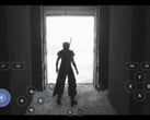Jogo de PC em execução através do DroidDeck no Android, mostrando um personagem em uma paisagem nevada com botões de controle virtual.