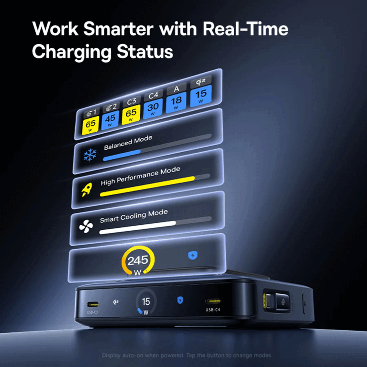 A estação de carregamento de mesa Baseus Nomos NH21 6 em 1 GaN apresenta uma tela LCD de 3 polegadas (Fonte da imagem: Baseus)