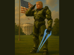 Donald Trump usando a armadura Mjolnir do Master Chief (fonte da imagem: The White House on X)
