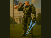 Donald Trump usando a armadura Mjolnir do Master Chief (fonte da imagem: The White House on X)
