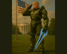 Donald Trump usando a armadura Mjolnir do Master Chief (fonte da imagem: The White House on X)