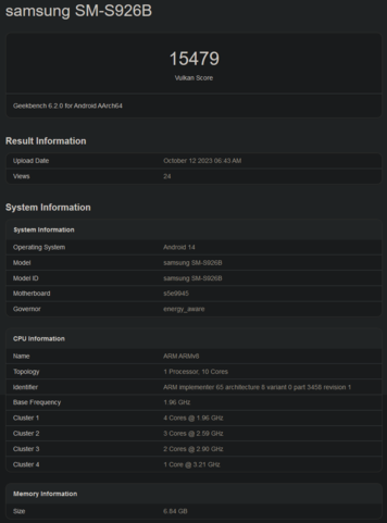 Benchmark do Exynos 2400 Vuklan (imagem via Geekbench)