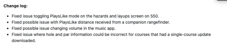 O registro de alterações do software de sistema 8.04 para os smartwatches Garmin Approach S44 e S50. (Fonte da imagem: captura de tela do fórum da Garmin)