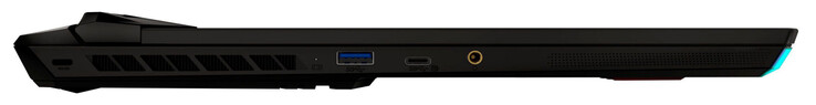 Esquerda: Porta de trava de cabo, USB 3.2 Gen 2 (USB-A), USB 3.2 Gen 2 (USB-C; DisplayPort), porta de áudio combinada