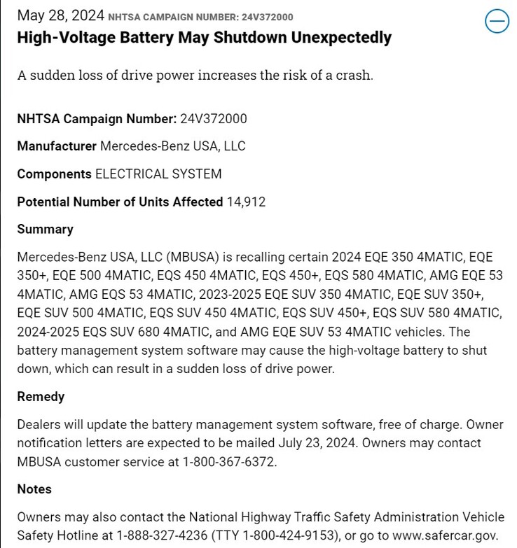 Aviso de recall da Mercedes-Benz. (Fonte: NHTSA)
