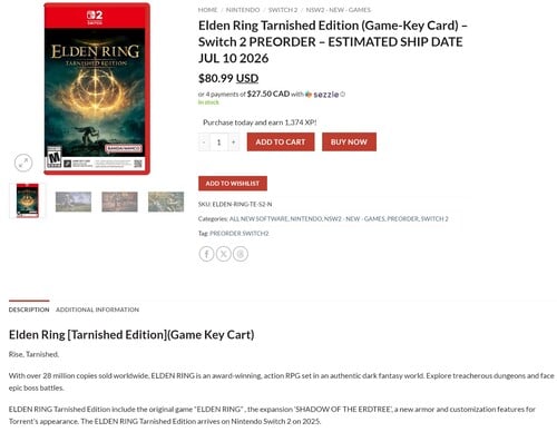 Elden Ring Tarnished Edition Switch 2 port mostrado na PNP Games