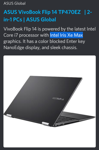 Somente a meta descrição da página menciona o nome do Xe dGPU. (Fonte da imagem: Asus)