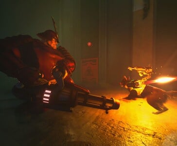 O agente T.H.U.N.D.E.R. luta contra um inimigo fortemente blindado com um lança-chamas em Barkour, usando armas de alta tecnologia montadas. (Fonte da imagem: Varsav Game Studios via Steam)
