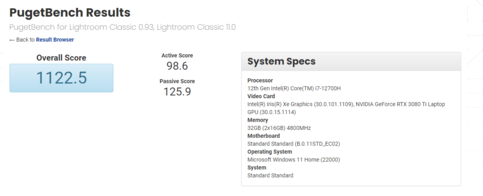 Configuração de GPU Intel Core i7-12700H e RTX 3080 Ti em PugetBench. (Fonte: PugetBench)