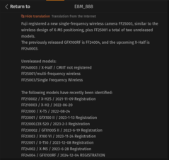 Vazamento da lista regulatória do Fujifilm X E5