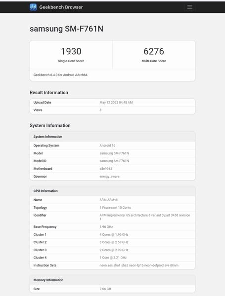 Galaxy Listagem do Geekbench do Z Flip FE (fonte da imagem: Abhishek Yadav no X)