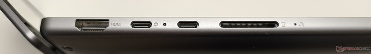Lado esquerdo: HDMI 2.1, 2x USB-C 4 (incluindo DisplayPort 2.1 e Power Delivery), leitor de cartão SD