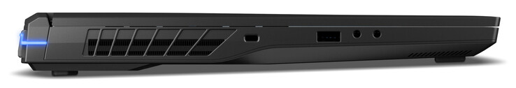 À esquerda: Slot Kensington, USB 3.2 Gen 2 (USB-A), mic-in, conector de áudio combinado