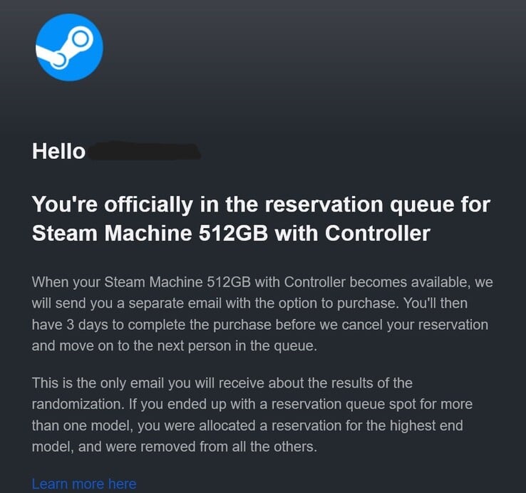 E-mail de reserva da Steam Machine.
