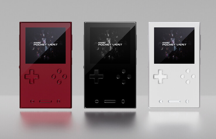 O Ayaneo Pocket Vert em seus acabamentos Lava Red, Midnight Black e Moon. (Fonte da imagem: Ayaneo)