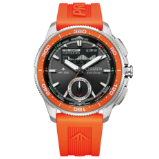 Imagem frontal do produto Citizen Promaster Wave Tracker JV3000-13E com pulseira de borracha laranja, moldura laranja, mostrador preto e visor analógico-digital do cronômetro de regata.