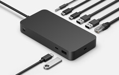 O Dock de Superfície Thunderbolt 4 tem um furo de montagem para uma montagem de mesa. (Fonte da imagem: Microsoft)