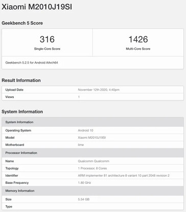 O "Redmi Note 10 (4G)" no Geekbench 5... (Fonte: Geekbench via MySmartPrice)