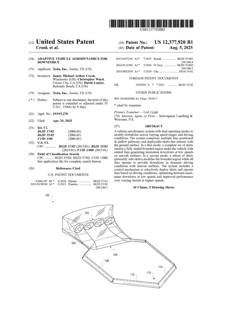 A patente do sistema aerodinâmico de lâminas do Tesla Roadster 2. (Fonte da imagem: USPTO)
