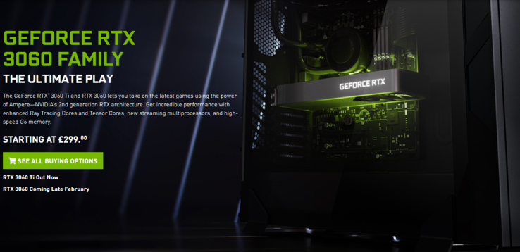 O GeForce RTX 3060 começará em £299, de acordo com a NVIDIA. (Fonte de imagem: NVIDIA)
