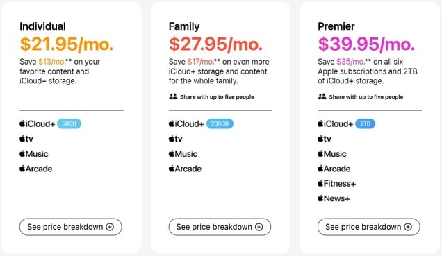 Planos de assinatura do Apple One com preços dos EUA.