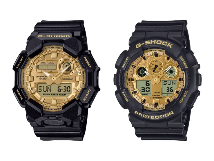 Os relógios Casio G-Shock GA-010GGB-1A9 (esquerda) e GA-100GGB-1A9 (direita). (Fonte da imagem: Casio)