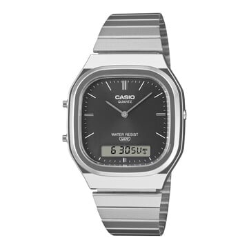 Relógio retrô analógico-digital Casio AQ-240E-1A com mostrador preto com efeito sunburst, caixa na tonalidade prateada e pulseira de aço inoxidável.