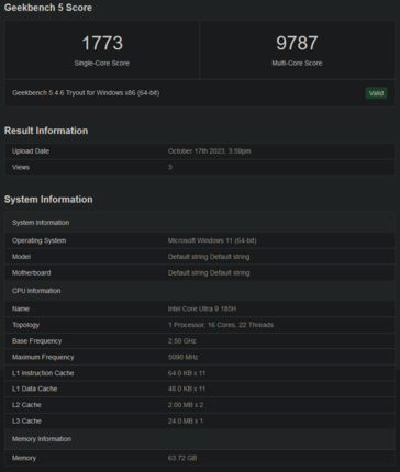 Listagem do Geekbench do Core Ultra 9 185H (imagem via Geekbench)