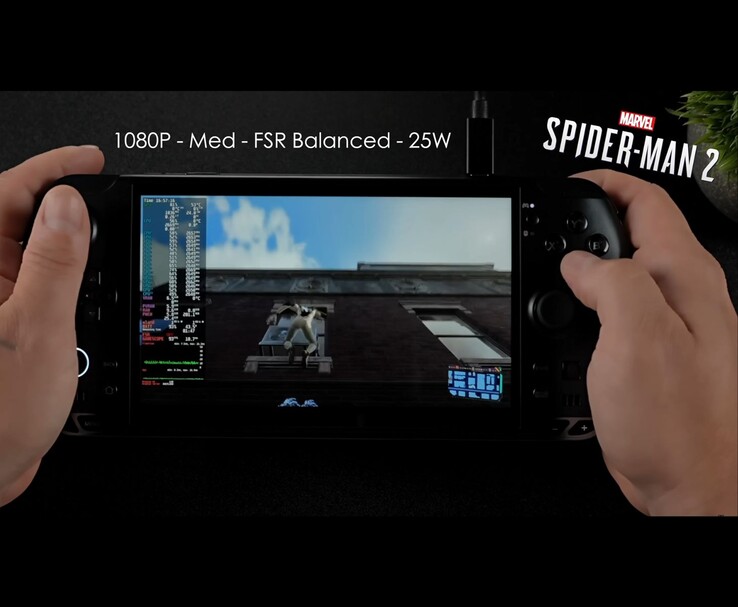 PC para jogos portátil GPD Win 5 executando Marvel's Spider-Man 2 em configurações médias de 1080p com FSR Balanced e um TDP de 25 W. (Fonte da imagem: ETA PRIME via YouTube)