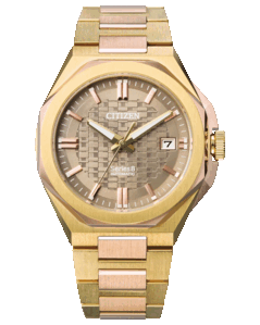 Citizen NB6085-57W com design em tom de ouro amarelo e mostrador com padrão japonês ichimatsu (quadriculado).