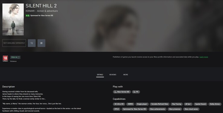 Captura de tela da página do jogo Silent Hill 2 na Microsoft Store. (Fonte da imagem: TrueAchievements)