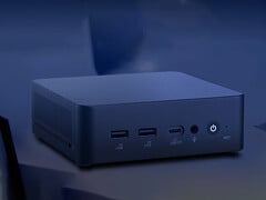 O VM61 pode ser alimentado por meio de uma porta USB-C. Na imagem: uma foto promocional mostrando a parte frontal do mini PC.