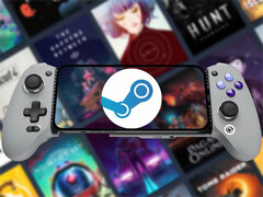 O GameHub v5.2 já está disponível para download. Na foto: um celular Android executando o Steam. (Fonte da imagem: Steam e GameSir - editado)