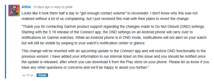Uma captura de tela de uma porta no Fórum Garmin com uma mensagem da Garmin. (Fonte da imagem: Garmin Forum)