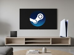 Steam Machine e PS5 vistos em uma sala de estar