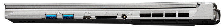 Lado direito: 2x USB 3.2 Gen 1 (Tipo-A), USB 3.2 Gen 1 (Tipo-C), leitor de cartão de memória (SD), fonte de alimentação