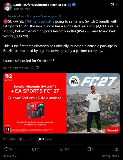 Anúncio do pacote de console Switch 2 EA Sports FC 27 é exibido