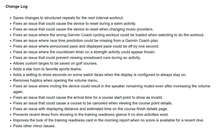 O registro de alterações da atualização da versão beta 16.14 para os smartwatches Garmin Forerunner 570 e Forerunner 970. (Fonte da imagem: captura de tela do fórum da Garmin)