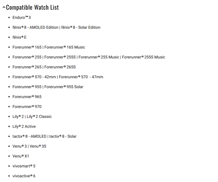 A lista oficial de smartwatches compatíveis com o recurso Garmin Body Battery TrueUp. (Fonte da imagem: Garmin)