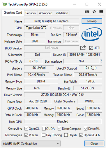 Dell XPS 13 com Core i7-1165G7 informa 96 EUs. Certifique-se de verificar a versão do GPU-Z utilizada antes de olhar os valores reportados