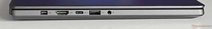 Esquerda: Fonte de alimentação, HDMI 2.1, USB-C 4.0 (40 GBit/s, DisplayPort 1.4, Power Delivery), USB-A 3.2 Gen 2 (10 GBit/s), áudio de 3,5 mm