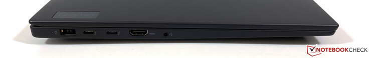 Lado esquerdo: Alimentação (SlimTip), 2x USB-C c/ Thunderbolt 4 (USB 4, 40 Gbps, DisplayPort-ALT modo 1.4a, Power Delivery 3.0), HDMI 2.0, 3.5 mm estéreo